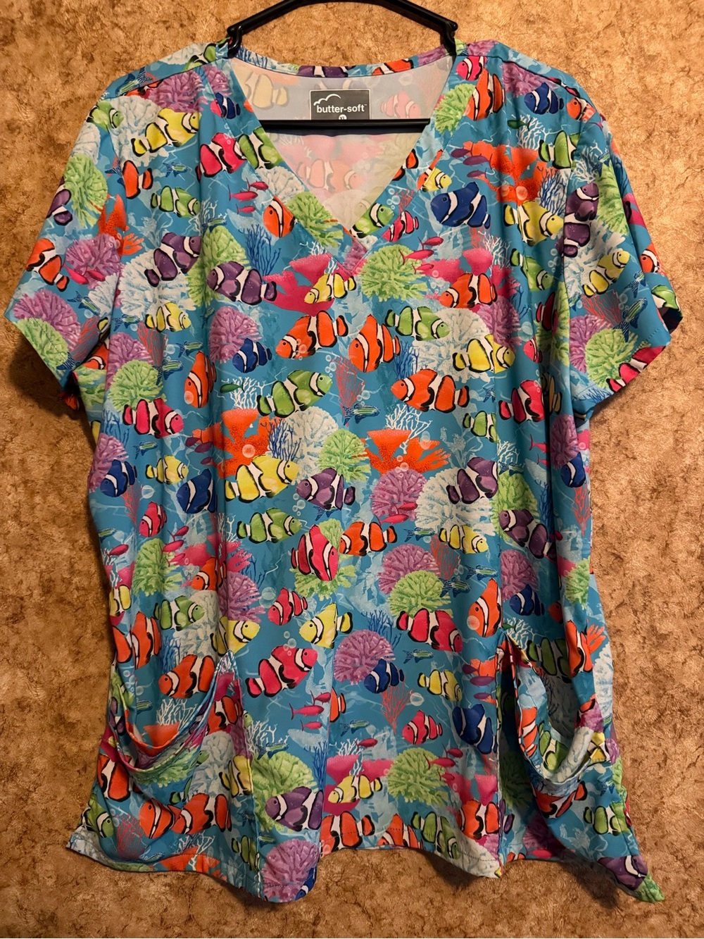 butter-soft Women's Blue Fish-Print V-Neck Top